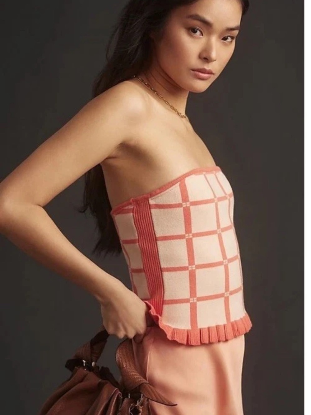 Anthropologie Coral and Cream Check Knit Bandeau